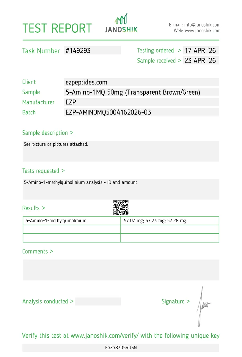 5-Amino-1MQ 50mg 2 5-Amino-1MQ 50mg Janoshik test report showing HPLC purity