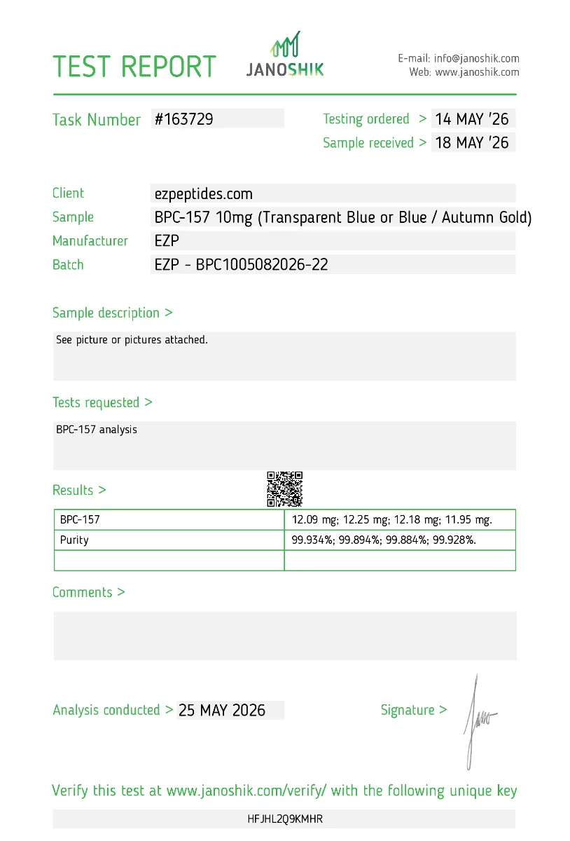 BPC-157 10mg 3 BPC-157 10mg Janoshik test report showing HPLC purity
