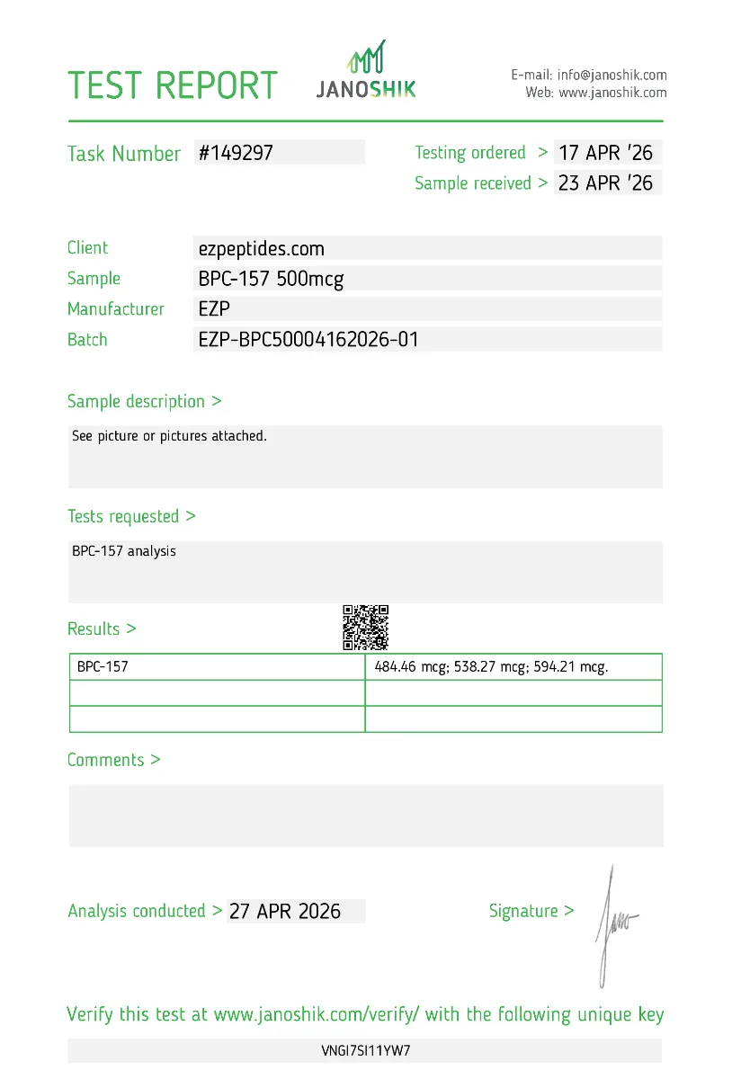 BPC-157 500mcg Tablets (100 Count) 2 BPC-157 500mcg tablets Janoshik test report showing HPLC purity