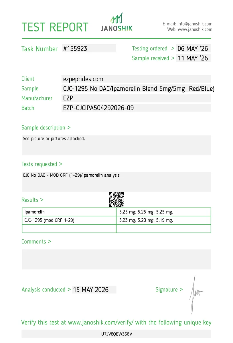 CJC-1295 no DAC/Ipamorelin Blend 5mg/5mg 2 CJC-1295 Ipamorelin blend Janoshik test report showing HPLC purity