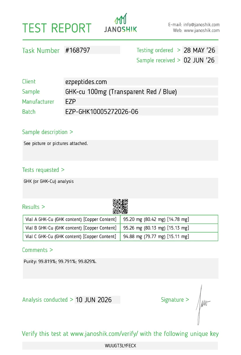 GHK-Cu 100mg 2 GHK-Cu 100mg Janoshik test report showing HPLC purity