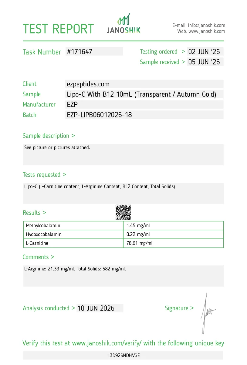 Lipo-C with B12 10mL 2 Lipo-C with B12 Janoshik test report showing HPLC purity