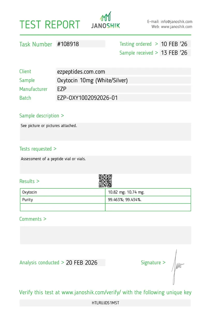 Oxytocin 10mg 2 Oxytocin 10mg Janoshik test report showing HPLC purity