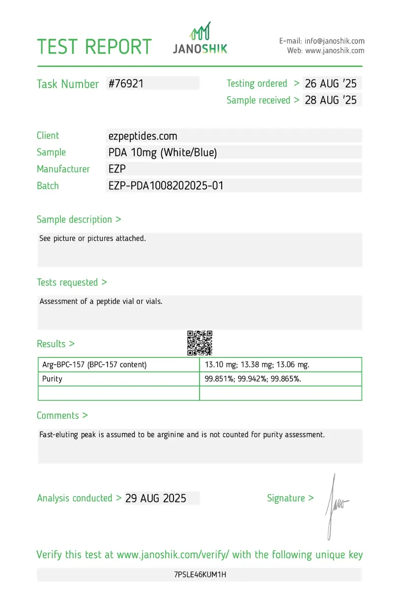 PDA (Pentadeca Arginate) 10mg 3 PDA 10mg Janoshik test report showing HPLC purity