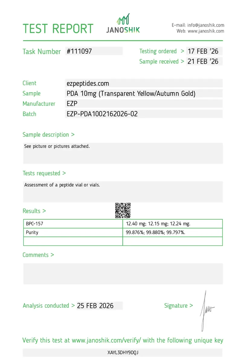 PDA (Pentadeca Arginate) 10mg 2 PDA 10mg Janoshik test report showing HPLC purity