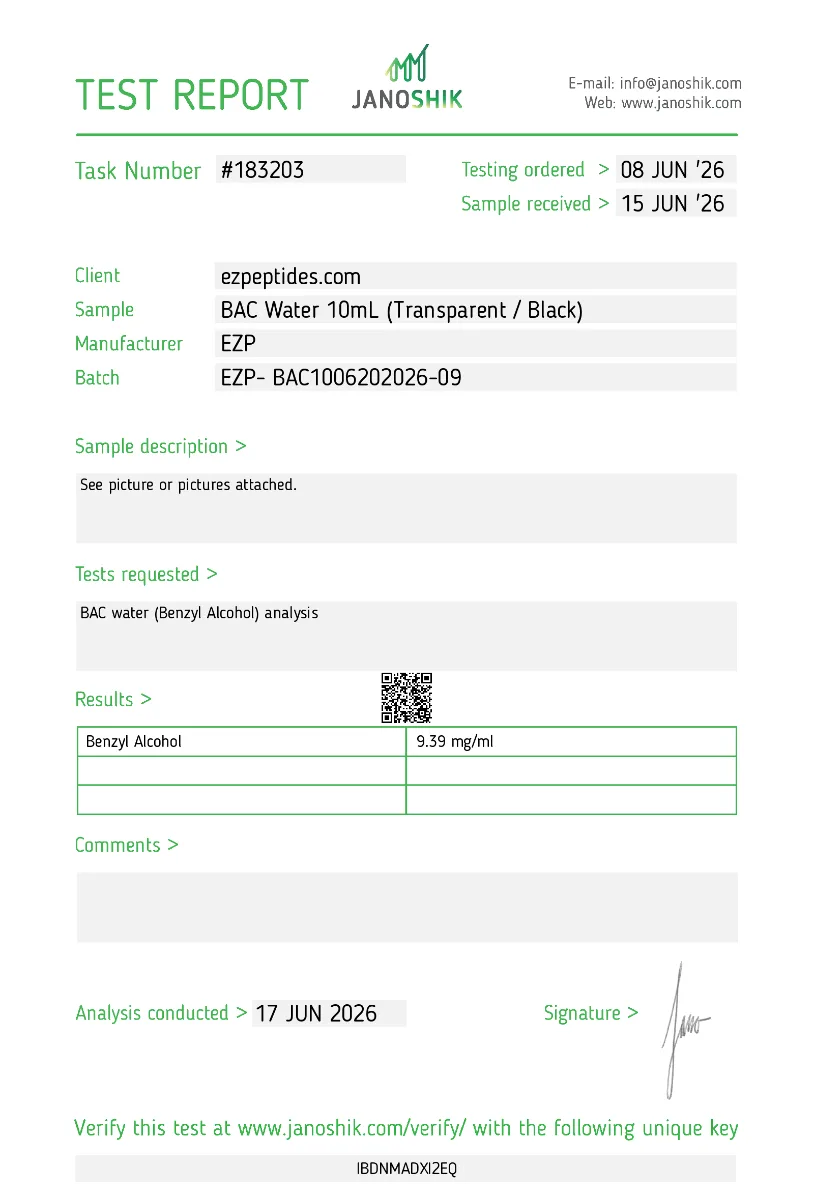 Research Diluent Solution 10mL 2 Research diluent solution 10mL Janoshik test report showing HPLC purity
