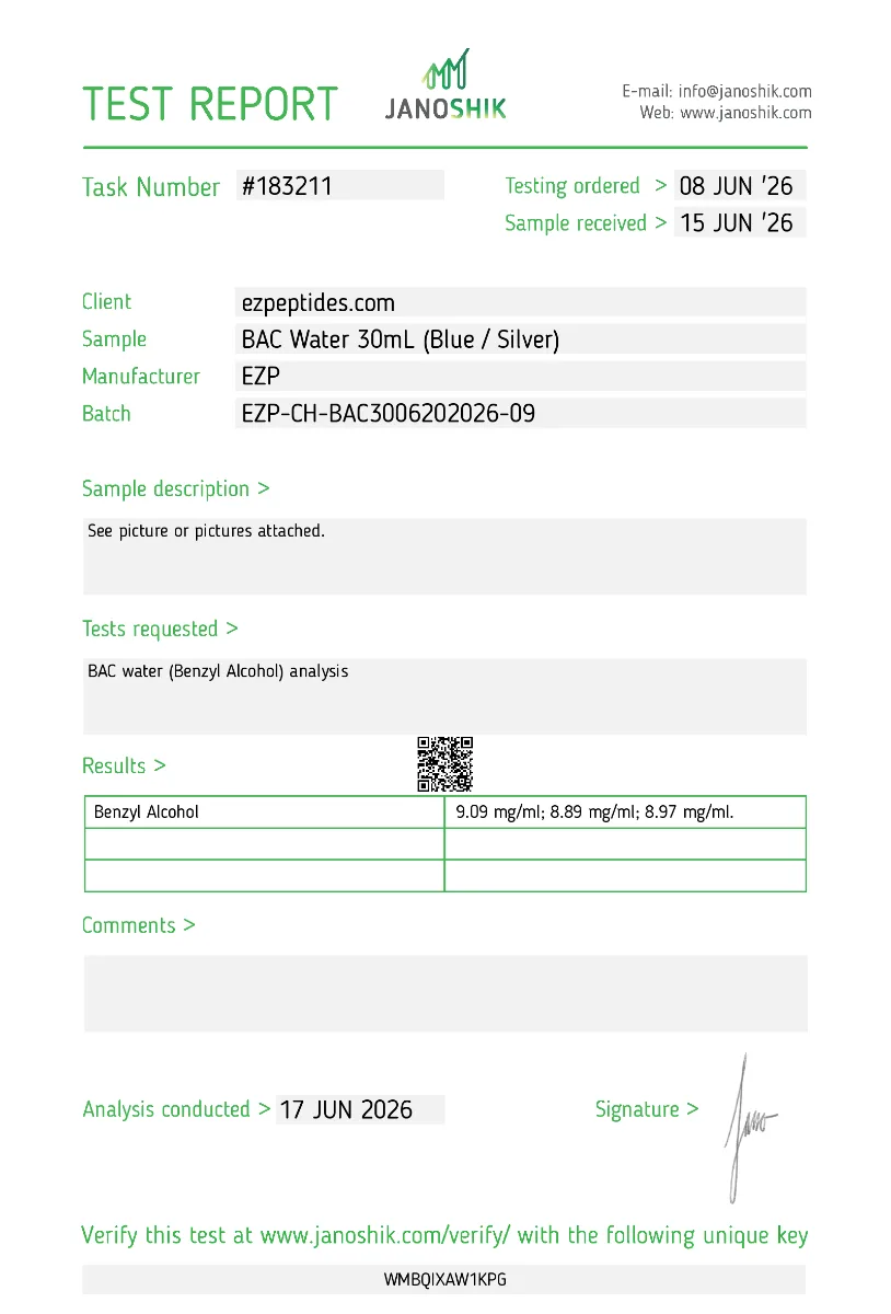 Research Diluent Solution 30mL 2 Research diluent solution 30mL Janoshik test report showing HPLC purity