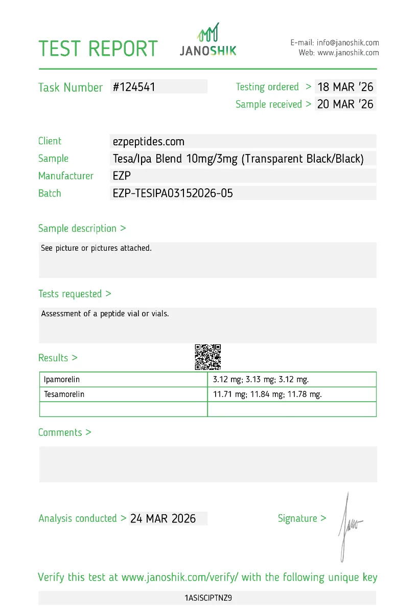 Tesamorelin/Ipamorelin Blend 10mg/3mg 3 Tesamorelin Ipamorelin blend Janoshik test report showing HPLC purity