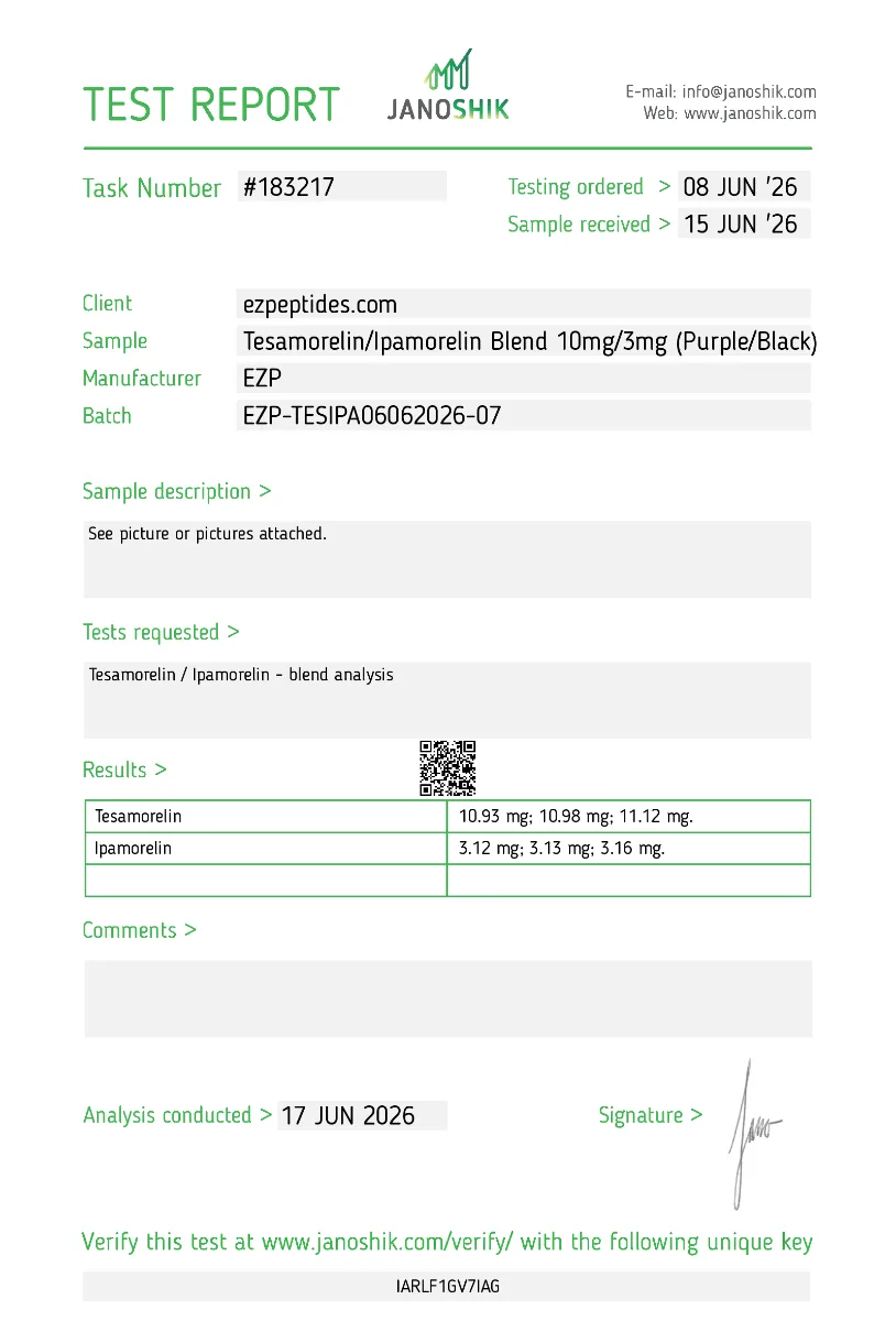 Tesamorelin/Ipamorelin Blend 10mg/3mg 2 Tesamorelin Ipamorelin blend Janoshik test report showing HPLC purity